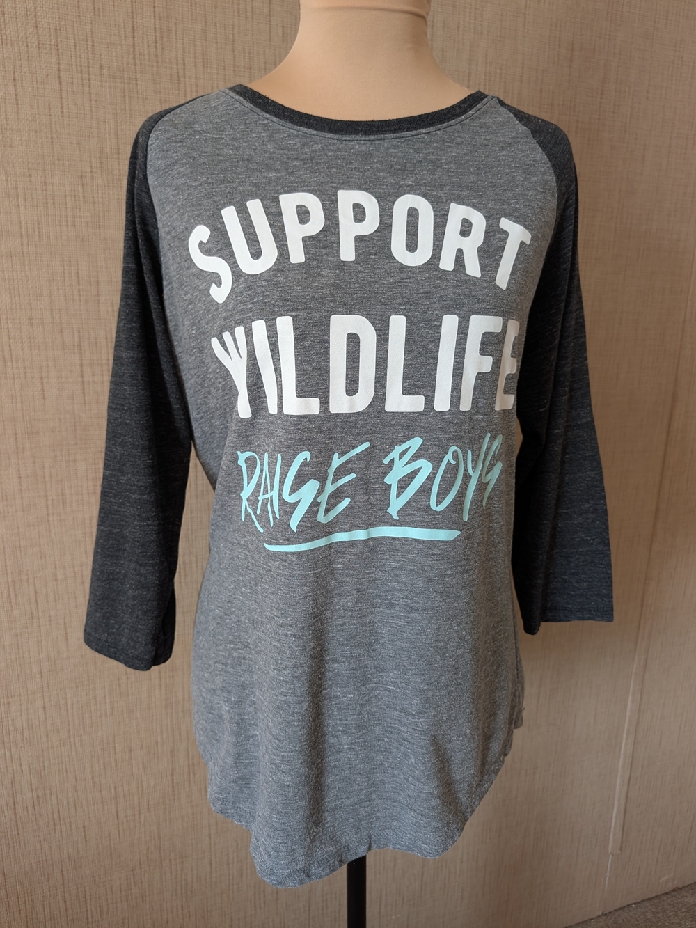 Source Unknown Grey & Charcoal Raglan Tee with Mint Script